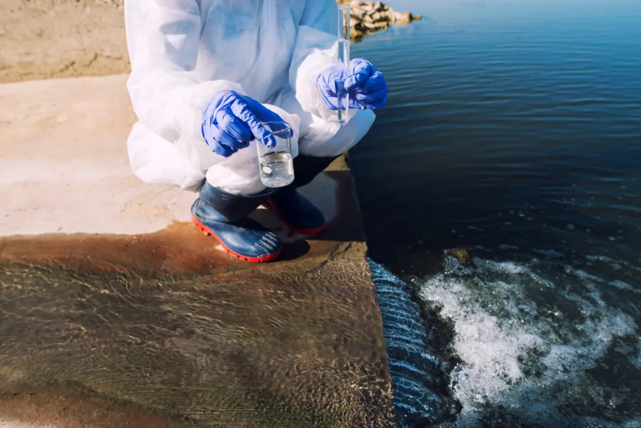 Prélèvement d'eaux usées dans un bassin de traitement