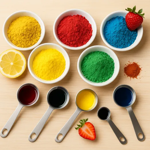 Poudres colorées dans des bols, additifs alimentaires