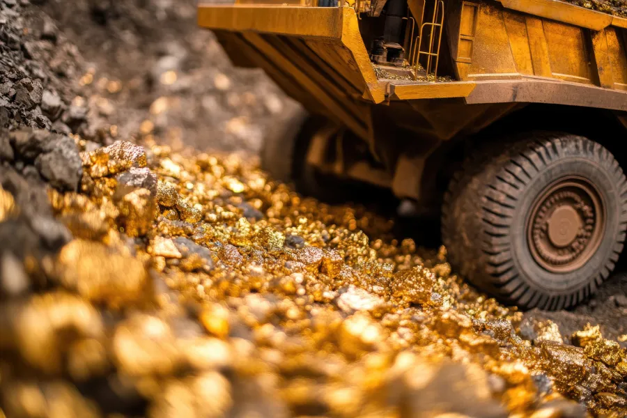 Camion minier sur un tas de minerai aurifère