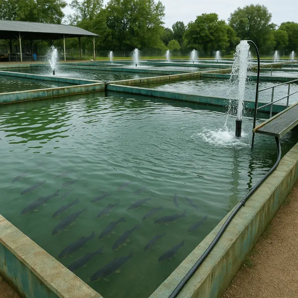Bassins de pisciculture avec aérateurs