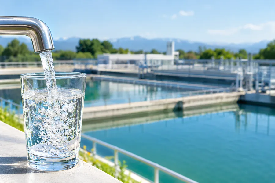Verre d'eau potable rempli au robinet devant les bassins d'une station de traitement