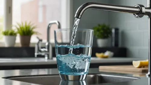 Verre rempli au robinet d'un filtre à eau domestique