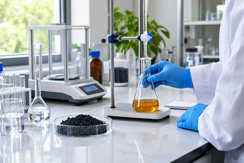 Test de l'indice d'iode sur du charbon actif en grains au laboratoire