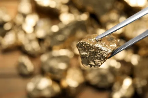 Pépite d'or tenue avec une pince